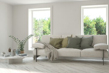 Fototapeta premium White living room with sofa and summer landscape in window. Scandinavian interior design. 3D illustration