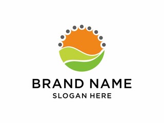 Sun rise over Leaves Logo design vector template. Alternative Energy concept. Eco organic green Farm natural fresh products Logotype icon.