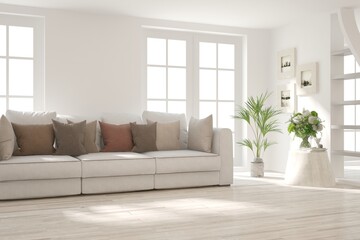Modern living room in white color with sofa. Scandinavian interior design. 3D illustration