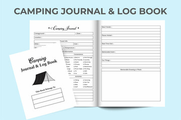 Camping journal log book KDP interior. Camp information tracker and experience notebook. KDP interior journal. Camping location tracker logbook interior. Travel information checker notebook.