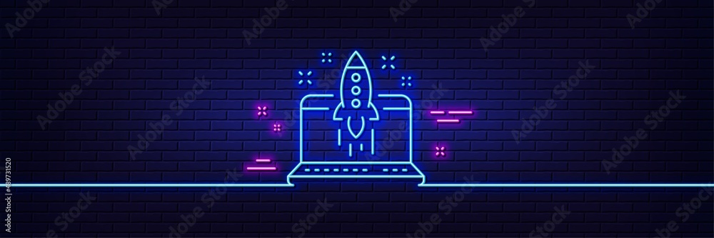 Canvas Prints Neon light glow effect. Start business line icon. Launch crowdfunding project sign. Innovation symbol. 3d line neon glow icon. Brick wall banner. Start business outline. Vector