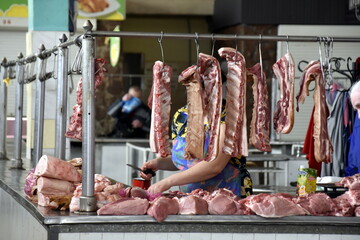 Ukraine, Lutsk, January 12, 2022, market square, meat stall, food,