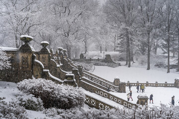 Winter snow scenic in New York City Central Park near Bethesda Fountain