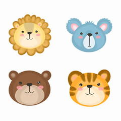 Obraz premium Set of Cartoon cute animals for baby card and invitation. Vector illustration. Lion, bear, tiger, koala.