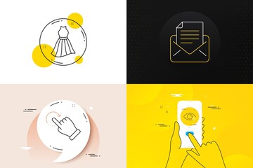 Minimal set of Farsightedness, Rotation gesture and Mail correspondence line icons. Phone screen, Quote banners. Dress icons. For web development. Eye vision, Undo, E-mail newsletter. Vector