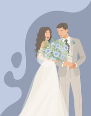 Newlyweds, bride and groom. Wedding design for invitation, romantic card, bridal salon. Vector abstract illustration