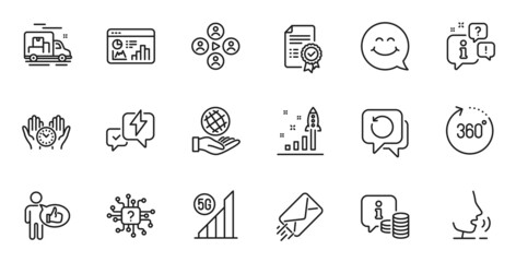 Outline set of 5g wifi, 360 degrees and E-mail line icons for web application. Talk, information, delivery truck outline icon. Include Certificate, Seo statistics, Lightning bolt icons. Vector