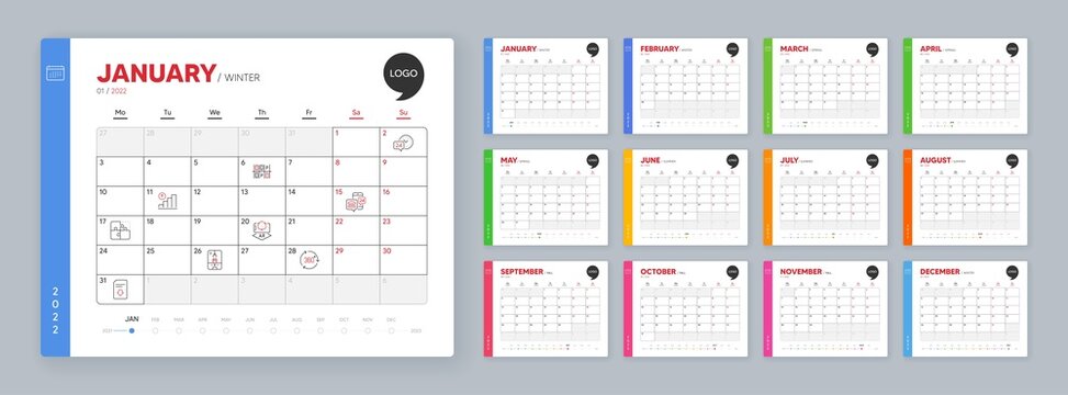 Calendar 2022 month schedule. Puzzle, 24h service and 360 degree minimal line icons. Food app, Augmented reality, Parking place icons. Vector