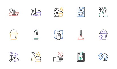 Cleaning line icons. Laundry, Window sponge and Vacuum cleaner. Washing machine linear icon set. Bicolor outline web elements. Vector
