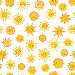Yellow sun pattern. Doodle suns, summer scribble cute sunny. Funny morning sunshine, childish sunlights print. Cartoon solar elements neat vector seamless texture