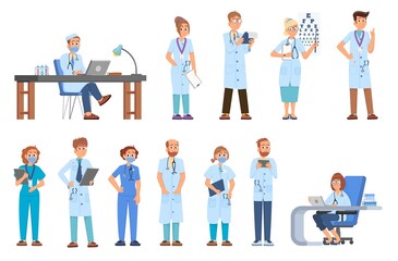 Different medical characters. Ambulance team doctor, physician or chemists. Medicine professionals, hospital person. Health staff in mask, decent vector set