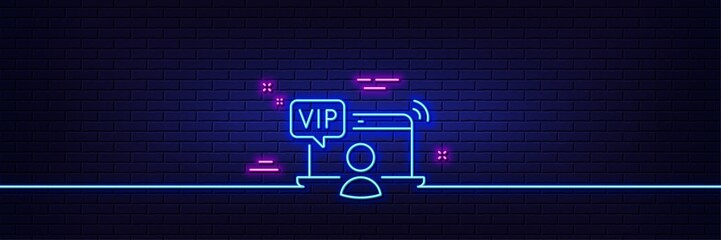 Neon light glow effect. Vip line icon. Very important person access sign. Member privilege symbol. 3d line neon glow icon. Brick wall banner. Vip access outline. Vector