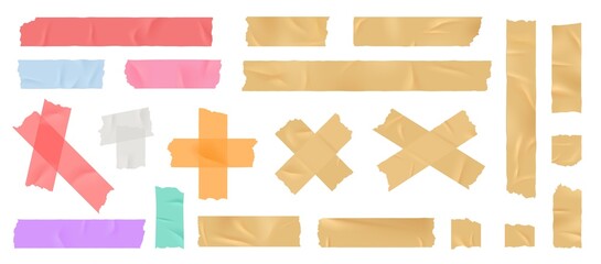 Scotch. Adhesive tape, color office glue paper stripes. Sticky bandage, different realistic tapes band. Torn elements, isolated decorative exact vector elements - obrazy, fototapety, plakaty