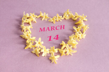 Calendar for March 14: number 14, the name of the month of March in English in a heart made of...