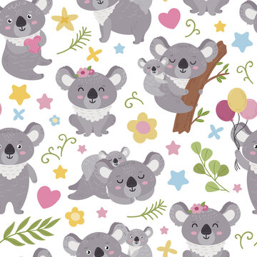 Koala seamless pattern. Cartoon australian koalas girly fabric print. Adorable baby animals characters, cute bears childish neoteric vector wallpaper