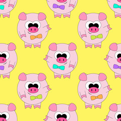 Obraz premium Seamless pattern with cute cartoon pig in necktie