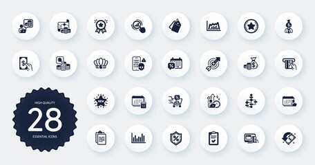 Set of Finance icons, such as Difficult stress, Graph chart and Online payment flat icons. Manager, Clipboard, New star web elements. Budget accounting, Discounts calendar, Crown signs. Vector