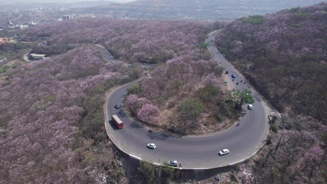 Aerial view of the Pune Bangalore highway at Katraj ghat near Pune India.