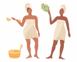 Woman in sauna vector cartoon flat illustration. Cute young two girls wearing white towels and towels on the head. Finnish wooden sauna bucket with spoon and sauna broom.