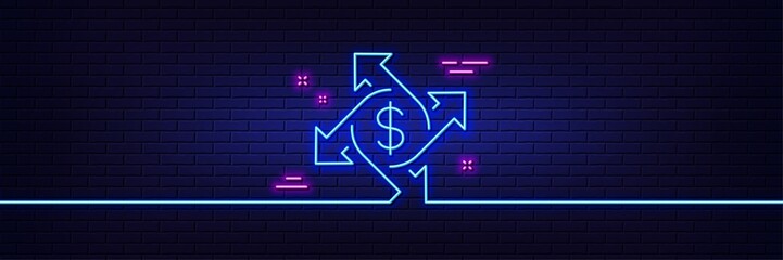 Neon light glow effect. Payment exchange line icon. Dollar sign. Finance transfer symbol. 3d line neon glow icon. Brick wall banner. Payment exchange outline. Vector