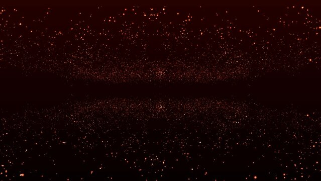 Glowing golden particles fly chaotically on a dark brown background. In the middle is free space for text. Festive mesmerizing background.