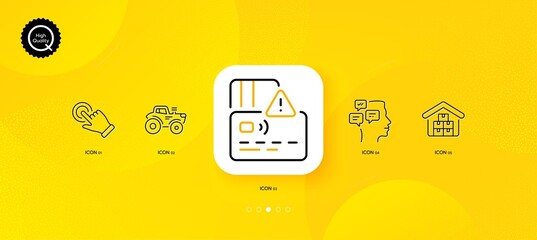Tractor, Card and Wholesale goods minimal line icons. Yellow abstract background. Touchscreen gesture, Messages icons. For web, application, printing. Vector