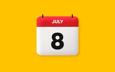 Calendar date 3d icon. 8th day of the month icon. Event schedule date. Meeting appointment time. Agenda plan, July month schedule 3d calendar and Time planner. 8th day day reminder. Vector