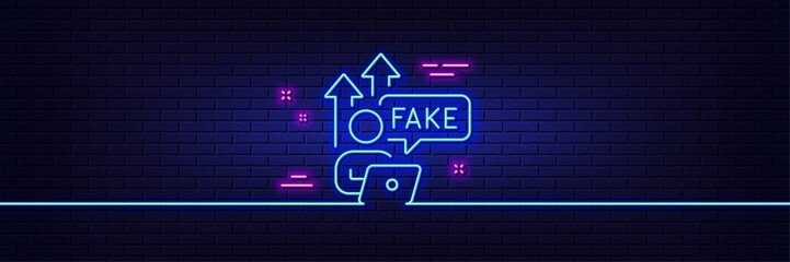 Obraz premium Neon light glow effect. Fake internet line icon. Web propaganda sign. Wrong truth symbol. 3d line neon glow icon. Brick wall banner. Fake internet outline. Vector