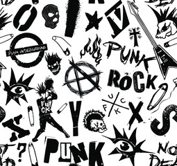 Vector black and white seamless pattern of punk and anarchy symbols, skulls, guitars and typography design in the style of 70s punk rock style.
