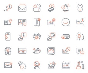 Technology icons set. Included icon as Insurance medal, Tickets and Card web elements. Comment, Cloud computing, Technical algorithm icons. Bitcoin think, Support, Mail web signs. Vector