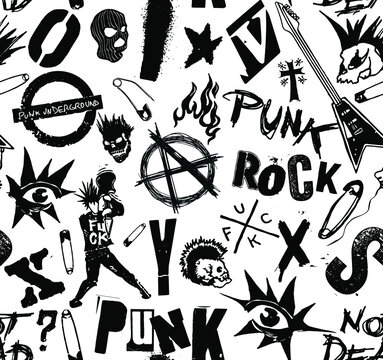 Vector Black And White Seamless Pattern Of Punk And Anarchy Symbols, Skulls, Guitars And Typography Design In The Style Of 70s Punk Rock Style.