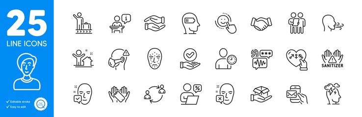 Obraz na płótnie Canvas Outline icons set. Clean hands, Online discounts and Helping hand icons. Handshake, Smartphone holding, New house web elements. Face biometrics, Weariness, Breathing exercise signs. Vector