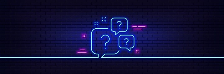 Neon light glow effect. Question bubbles line icon. Ask help sign. Faq questionnaire symbol. 3d line neon glow icon. Brick wall banner. Question bubbles outline. Vector - obrazy, fototapety, plakaty