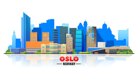 Oslo Norway skyline with panorama in white background. Vector Illustration. Business travel and tourism concept with modern buildings. Image for presentation, banner, placard, and website - obrazy, fototapety, plakaty