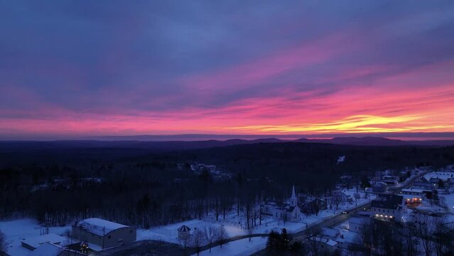 Spectacular aerial of Monson Maine sunrise skyline 