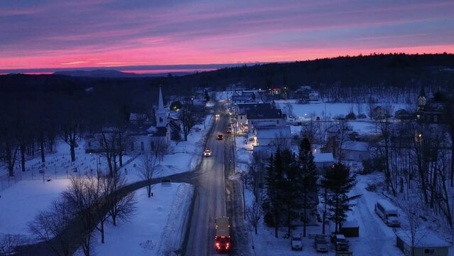 Breathtaking aerial view of Monson Maine sunrise in Winter 