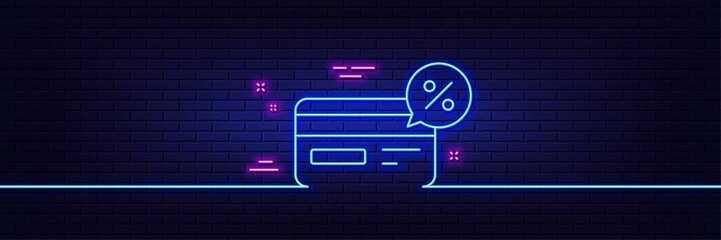 Neon light glow effect. Credit card line icon. Banking Payment card with Discount sign. Cashback service symbol. 3d line neon glow icon. Brick wall banner. Cashback outline. Vector