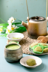 Fototapeta na wymiar Asian rice dessert sweet green matcha mochi