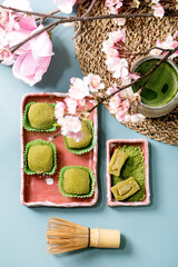 Fototapeta na wymiar Asian rice dessert sweet green matcha mochi