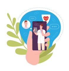 Tele medicine. Online mobile phone medical app telehealth for patient, virtual doctor in smartphone, medic advice on video call appointment phonemedic