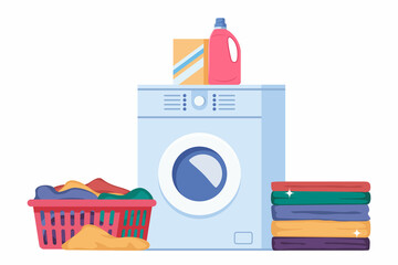 Laundry infographics with sequence of four different stages of washing process. Washing clothes. Dirty linen, washing machine, pile of clean clothes. Housekeeping concept vector illustration.