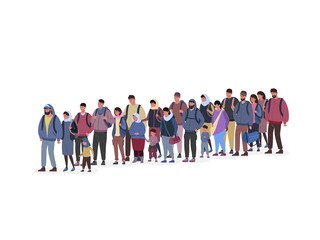 Queue refugee. Waiting people line, migration conflict, mob young iraq immigrants on border, long crowd coming patience poor persons, migrations problem, garish vector illustration