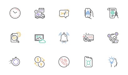 Canister oil, Idea and 24h service line icons for website, printing. Collection of Divider document, Fast recovery, Time icons. 5g internet, Notification bell, Delivery web elements. Vector