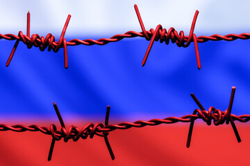 Barbed wire on background of flag of Russia. Sanctions against Russia.