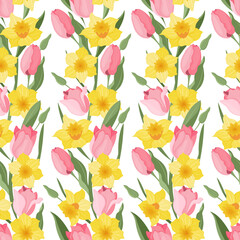 Obraz premium Vector seamless pattern of daffodils and tulips. Textiles and wrapping paper. Spring. Easter