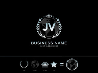 Letter JV logo icon, Creative jv Letter with circle Leaf Globe Royal Crown and Star Logo For Business - obrazy, fototapety, plakaty