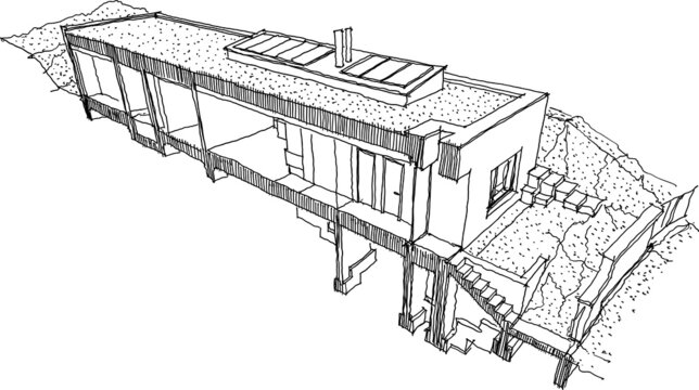 hand drawn architectural sketch of section of  modern one story detached house with flat roof and garden 