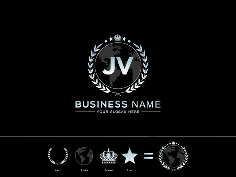 Letter JV logo icon, Creative jv Letter with circle Leaf Globe Royal Crown and Star Logo For Business