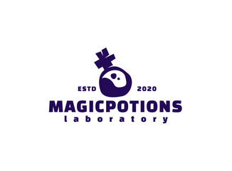 magic potion logo. purple bottle potion with fluid logo