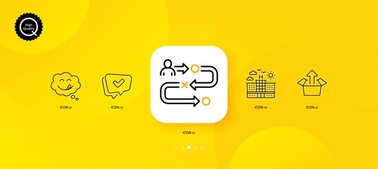 Approved, Journey path and Yummy smile minimal line icons. Yellow abstract background. Hotel, Send box icons. For web, application, printing. Chat message, Project process, Comic chat. Travel. Vector
